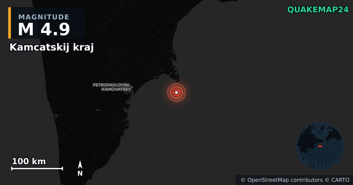M4.9 earthquake near Kamcatskij kraj on Jun 4, 2025 — map of epicenter and shaking intensity | QuakeMap24