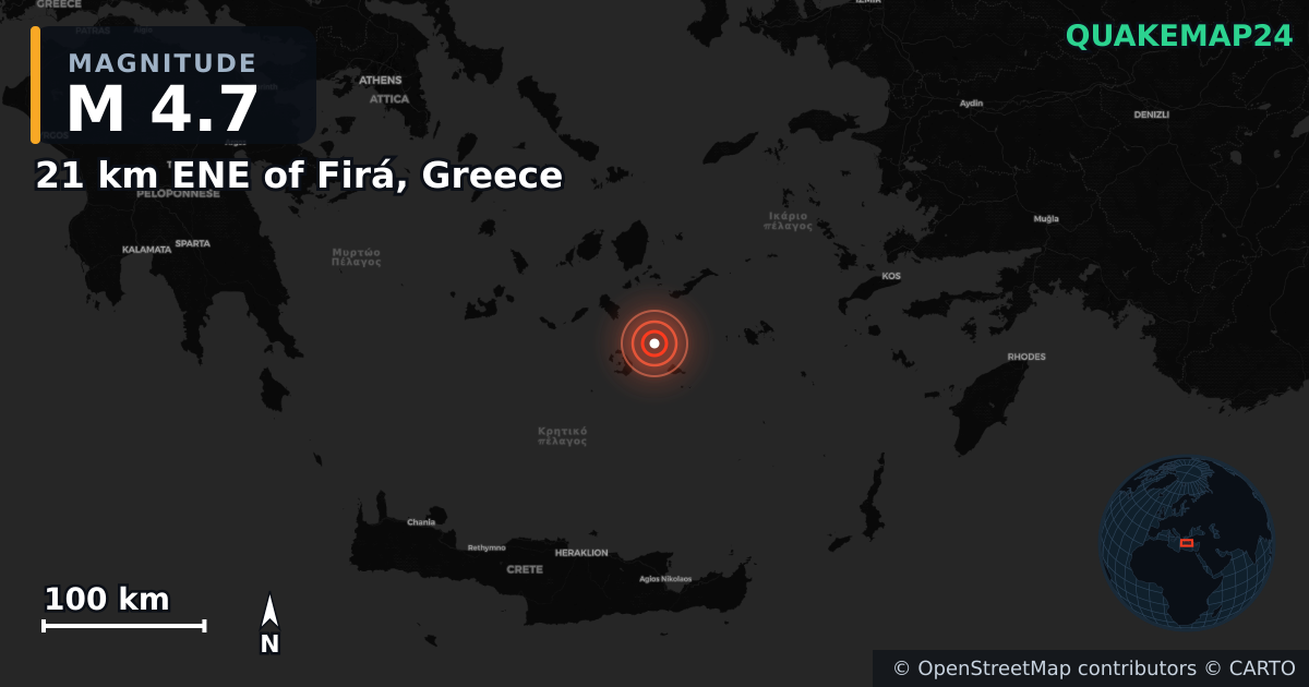 M4.7 earthquake near 21 km ENE of Firá, Greece on Feb 2, 2025 — map of epicenter and shaking intensity | QuakeMap24