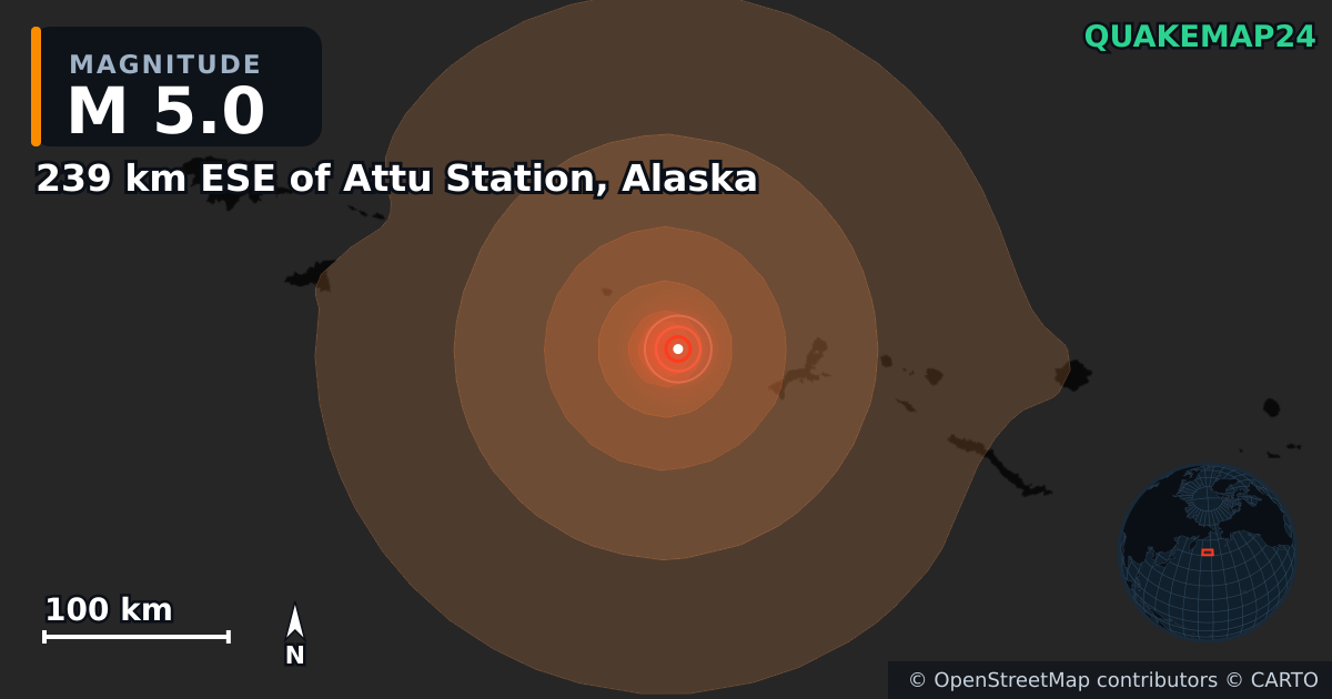 M5.0 Earthquake near 239 km ESE of Attu Station, Alaska · 2026-08-23 — Map showing the location of the epicenter