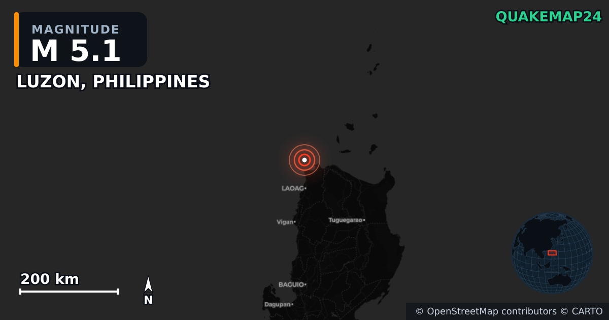 M5.1 earthquake near LUZON, PHILIPPINES on Oct 17, 2025 — map of epicenter and shaking intensity | QuakeMap24