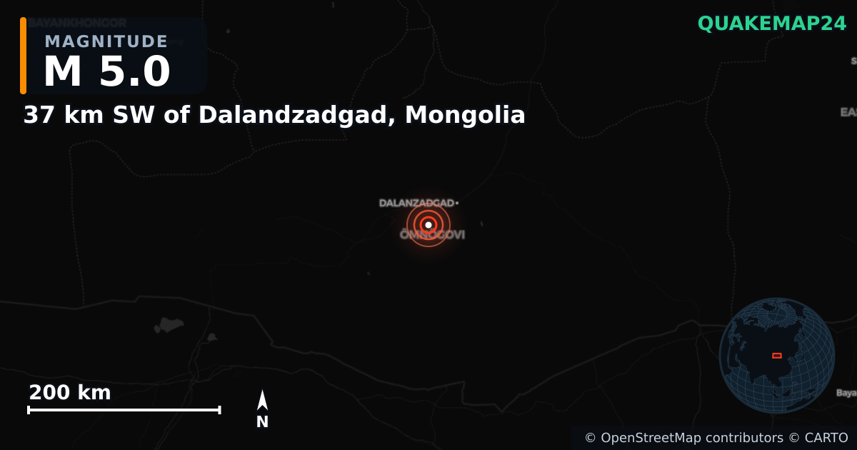 37 km SW of Dalandzadgad, Mongolia yakınında M5,0 deprem — Deprem merkez üssünün konumunu gösteren harita