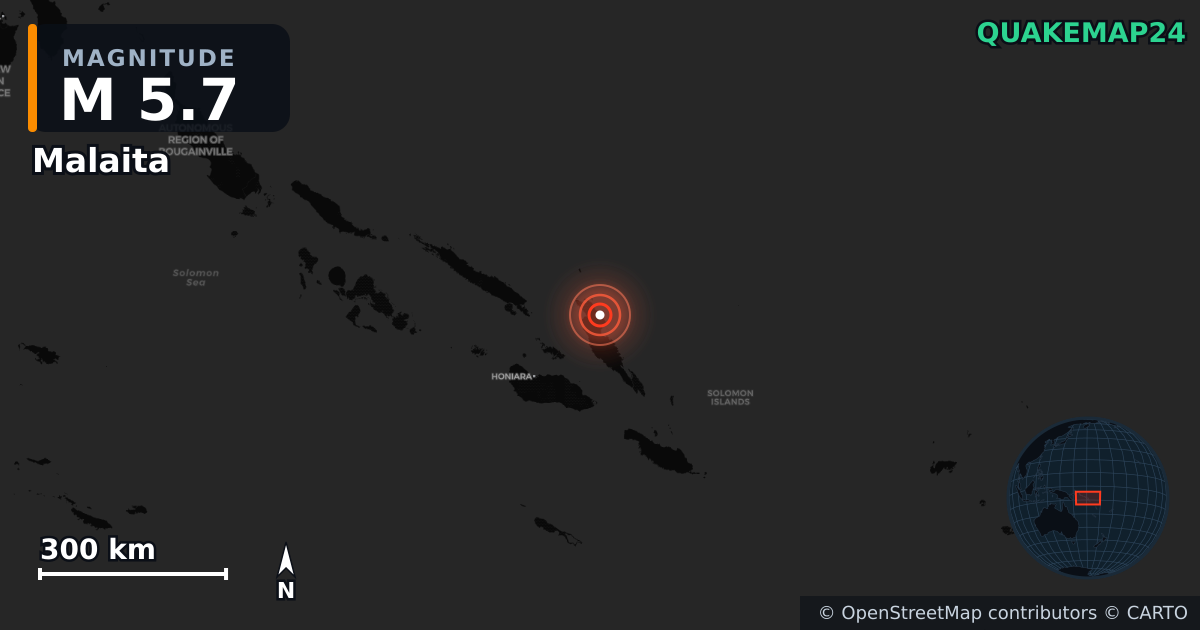 M5.7 earthquake near Malaita on May 16, 2026 — map of epicenter and shaking intensity | QuakeMap24