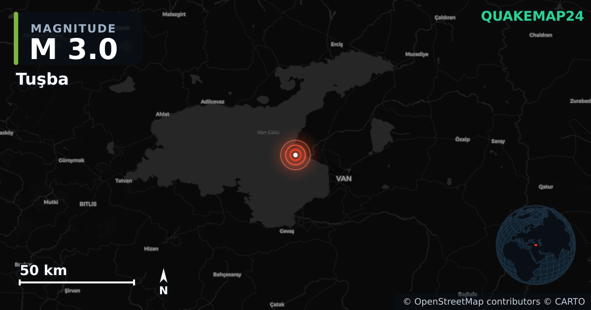 M3.0 earthquake near Tuşba on Jan 13, 2026 — map of epicenter and shaking intensity | QuakeMap24