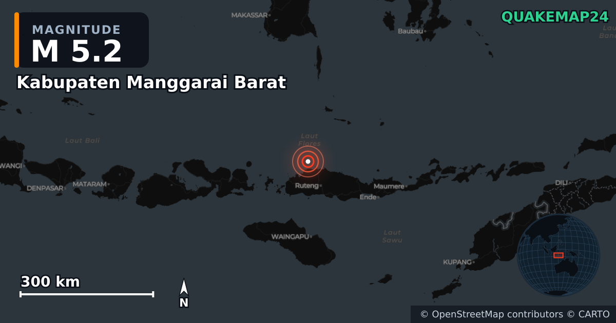 Σεισμός M5,2 κοντά στο Kabupaten Manggarai Barat, East Nusa Tenggara (Ινδονησία) · 2026-10-18 — Χάρτης της θέσης του επικέντρου