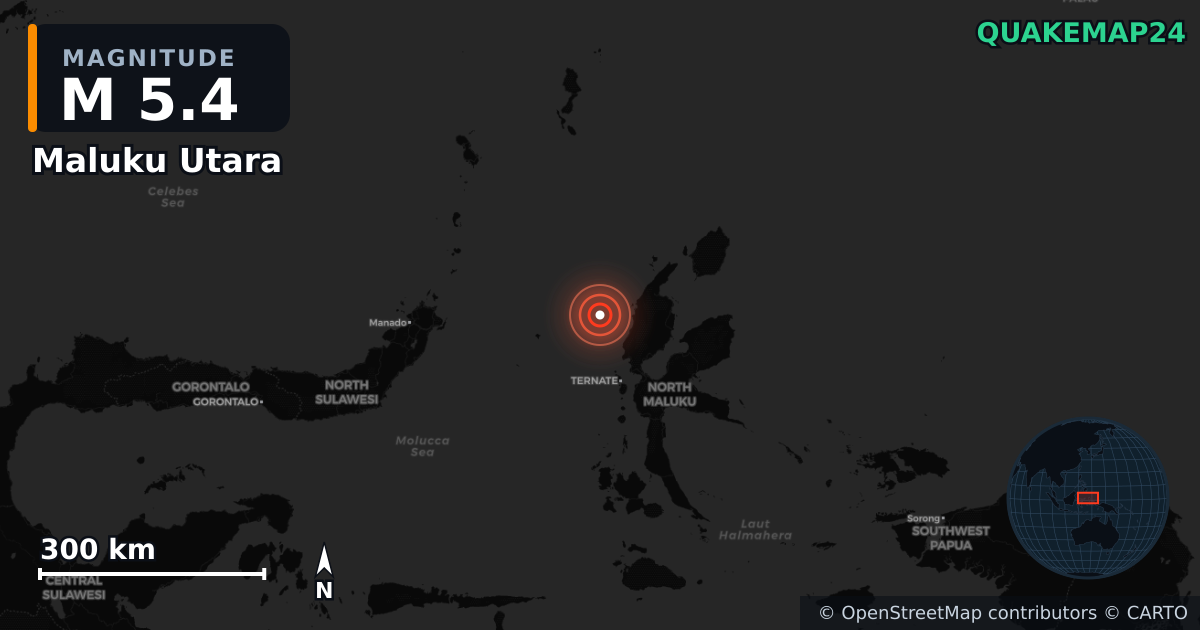 M5.4 earthquake near Maluku Utara on Nov 20, 2025 — map of epicenter and shaking intensity | QuakeMap24