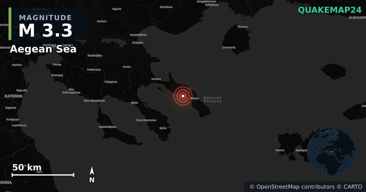 M3.3 earthquake near Aegean Sea on Sep 22, 2025 — map of epicenter and shaking intensity | QuakeMap24