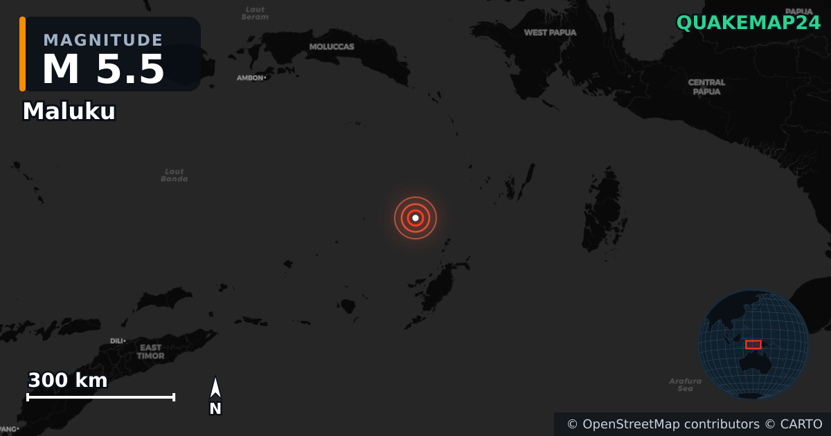 M5.5 earthquake near Maluku on Oct 23, 2025 — map of epicenter and shaking intensity | QuakeMap24