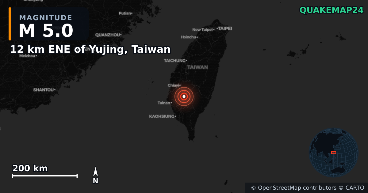 M5.0 earthquake near 12 km ENE of Yujing, Taiwan on Jan 30, 2025 — map of epicenter and shaking intensity | QuakeMap24