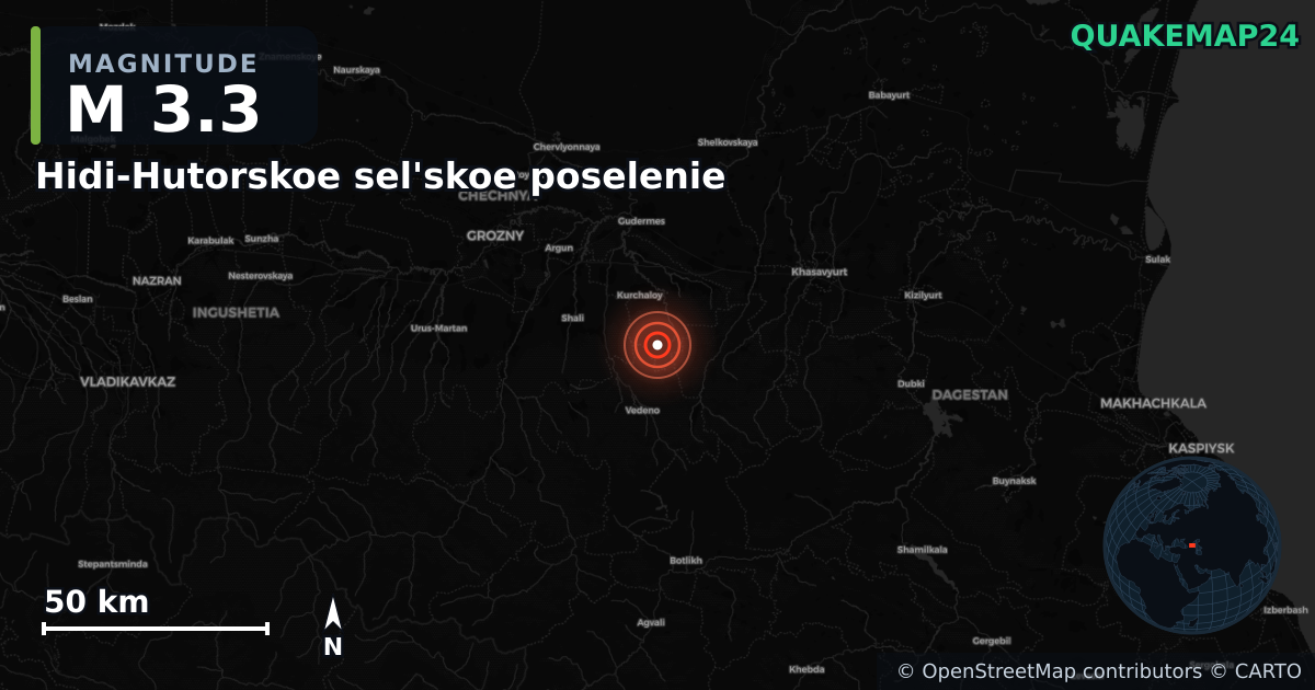 M3.3 earthquake near Hidi-Hutorskoe sel'skoe poselenie on Jan 5, 2026 — map of epicenter and shaking intensity | QuakeMap24