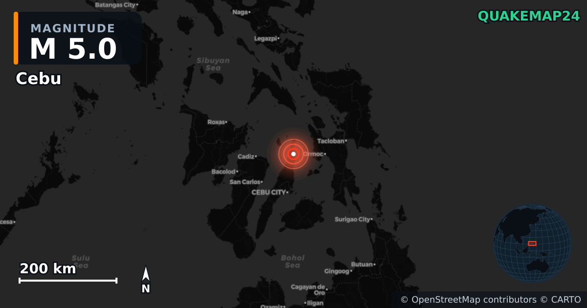M5.0 earthquake near Cebu on Sep 30, 2025 — map of epicenter and shaking intensity | QuakeMap24