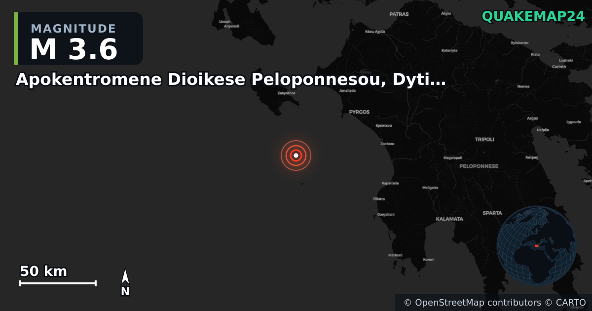 M3.6 earthquake near Apokentromene Dioikese Peloponnesou, Dytikes Elladas kai Ioniou on Sep 25, 2025 — map of epicenter and shaking intensity | QuakeMap24