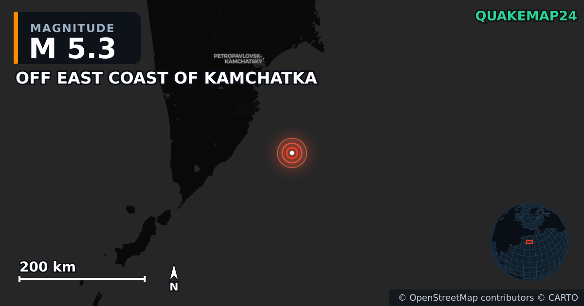 M5.3 earthquake near OFF EAST COAST OF KAMCHATKA on Sep 22, 2025 — map of epicenter and shaking intensity | QuakeMap24