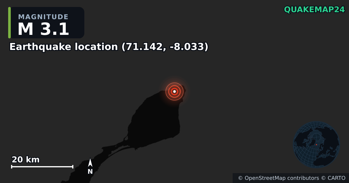 M3.1 earthquake near Earthquake location (71.142, -8.033) on Mar 10, 2025 — map of epicenter and shaking intensity | QuakeMap24