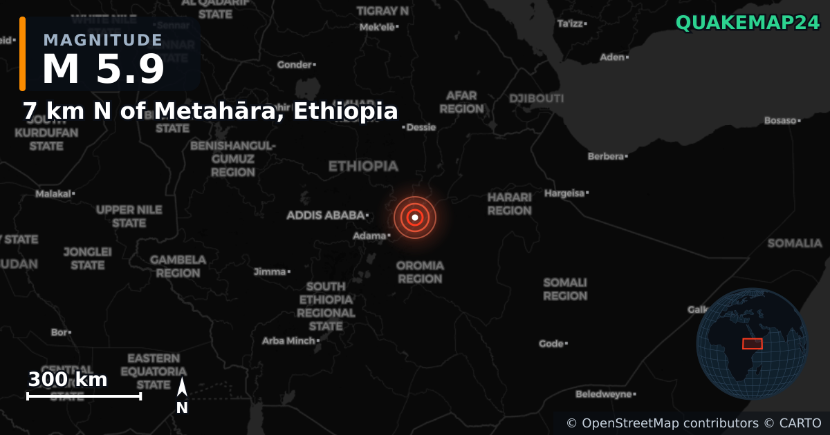 M5.9 earthquake near 7 km N of Metahāra, Ethiopia on Feb 14, 2025 — map of epicenter and shaking intensity | QuakeMap24