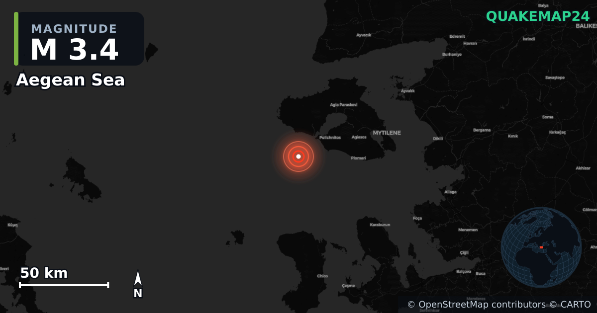 M3.4 earthquake near Aegean Sea on Jan 2, 2026 — map of epicenter and shaking intensity | QuakeMap24