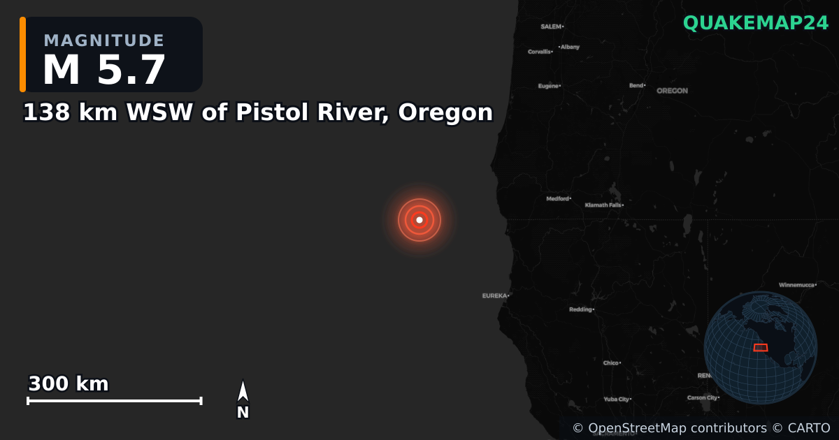 M5.7 earthquake near 138 km WSW of Pistol River, Oregon on Jun 3, 2026 — map of epicenter and shaking intensity | QuakeMap24