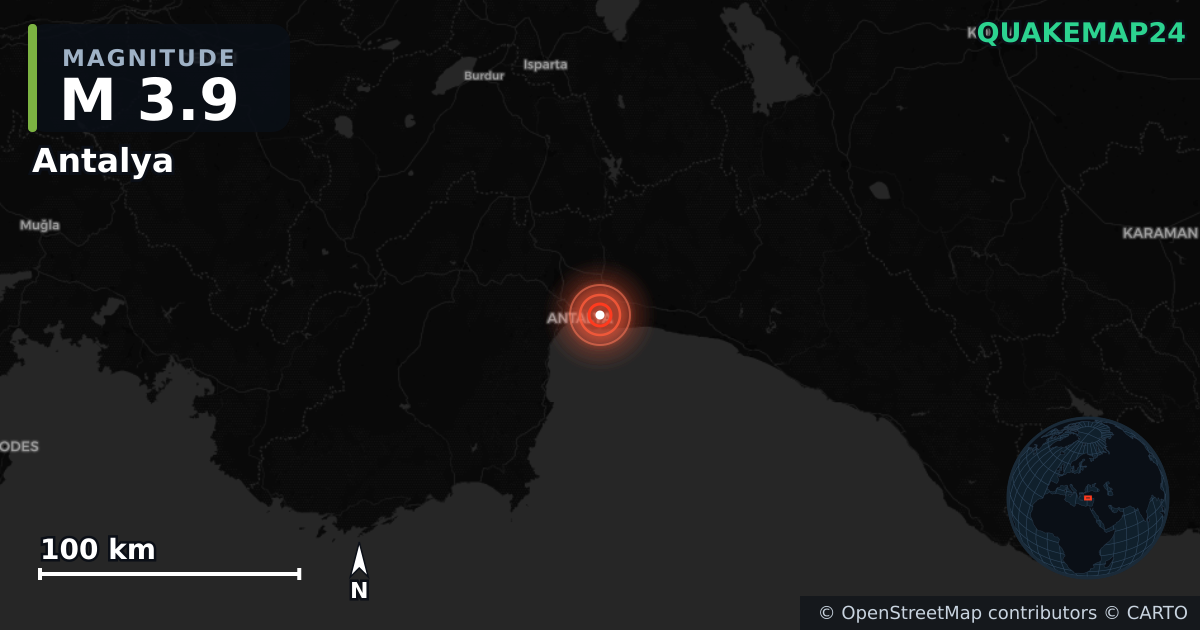 Erdbeben M3,9 bei Antalya (Türkei) · 2025-12-16 — Karte der Lage des Epizentrums