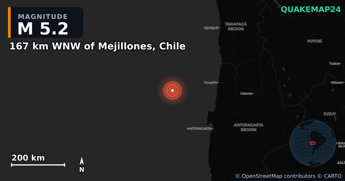 Erdbeben M5,2 bei 167 km WNW of Mejillones, Chile — Karte der Lage des Epizentrums