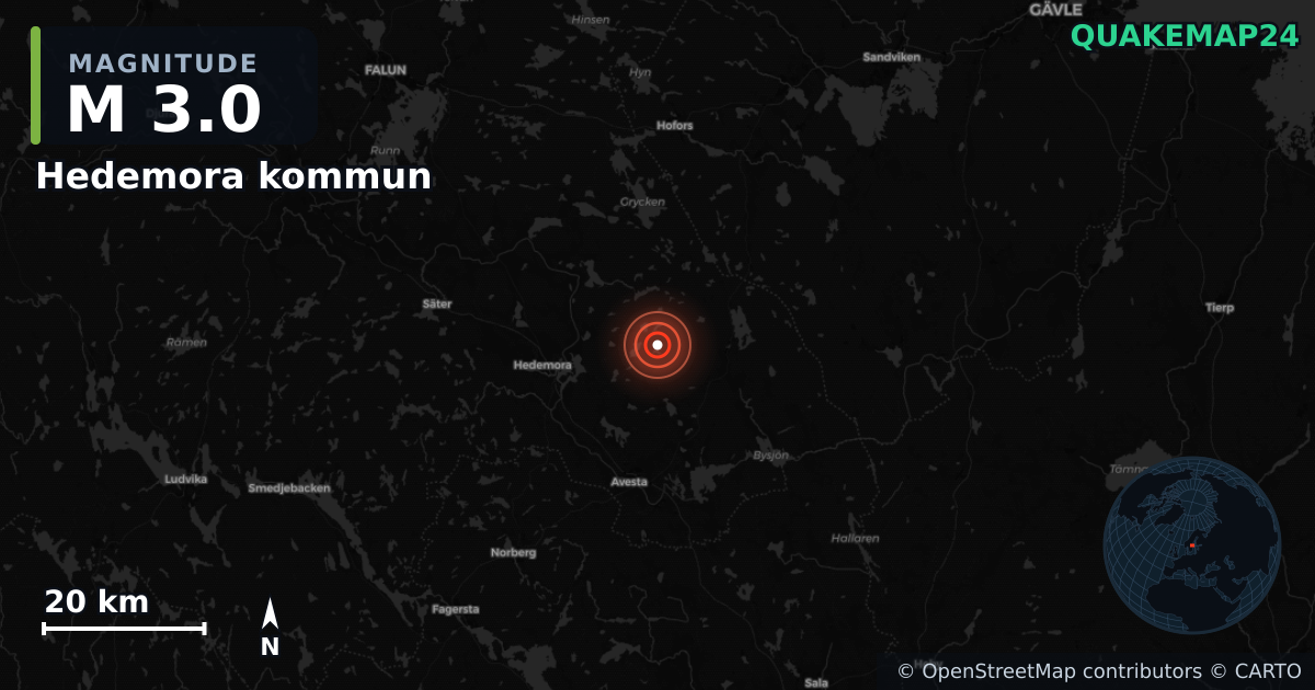 M3.0 earthquake near Hedemora kommun on Mar 15, 2026 — map of epicenter and shaking intensity | QuakeMap24