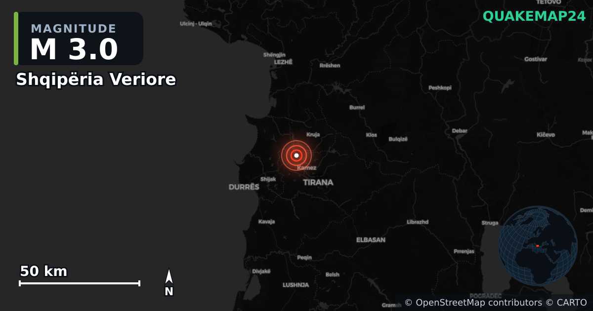 M3.0 earthquake near Shqipëria Veriore on Jun 19, 2025 — map of epicenter and shaking intensity | QuakeMap24