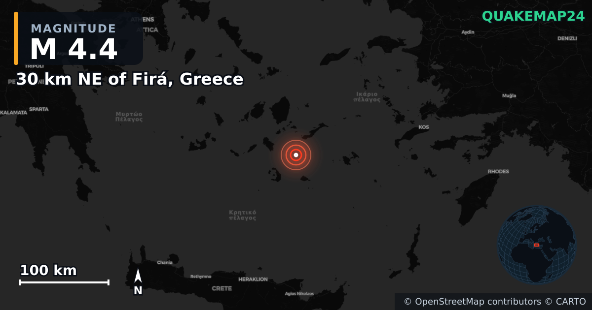 M4.4 earthquake near 30 km NE of Firá, Greece on Feb 4, 2025 — map of epicenter and shaking intensity | QuakeMap24