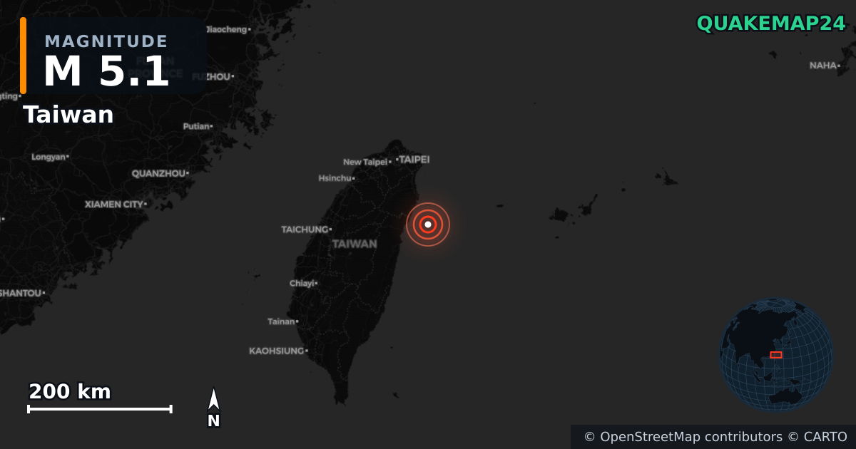 M5.1 earthquake near Taiwan on Oct 18, 2025 — map of epicenter and shaking intensity | QuakeMap24