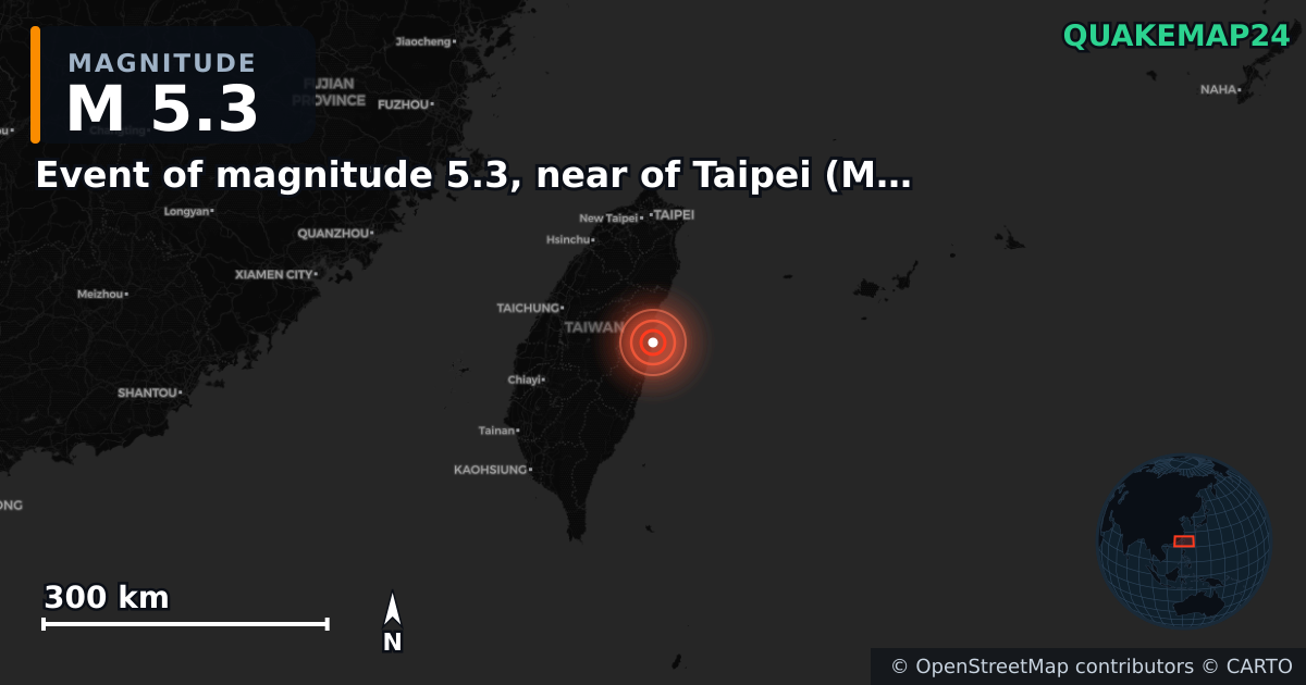 Erdbeben M5,3 bei Event of magnitude 5.3, near of Taipei (Monde) — Karte der Lage des Epizentrums