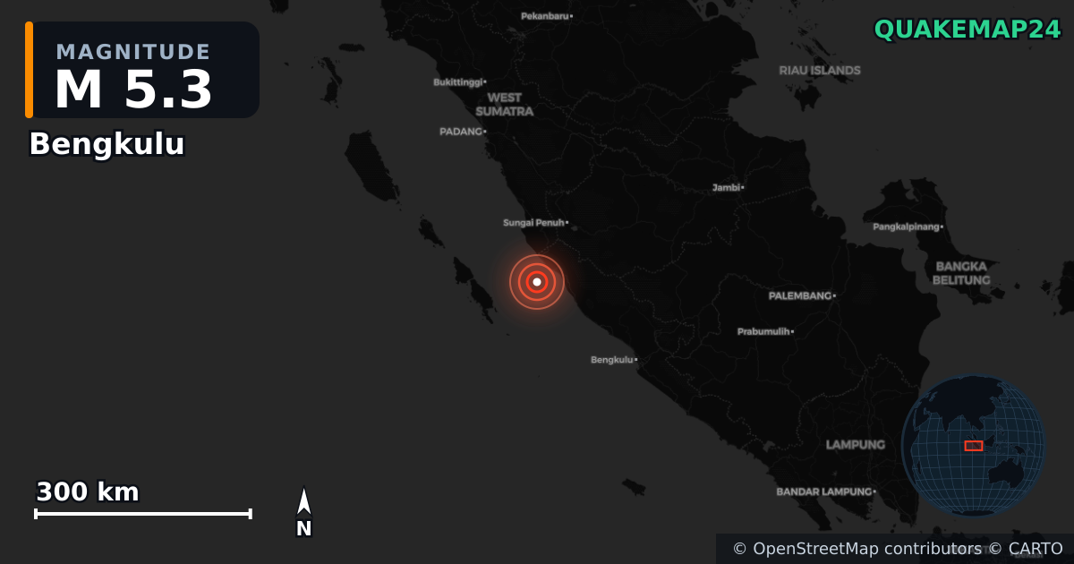 M5.3 earthquake near Bengkulu on Sep 14, 2025 — map of epicenter and shaking intensity | QuakeMap24