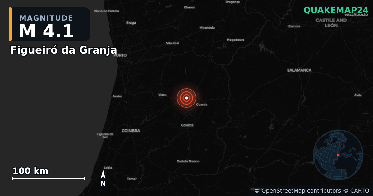 M4.1 earthquake near Figueiró da Granja on Dec 13, 2025 — map of epicenter and shaking intensity | QuakeMap24
