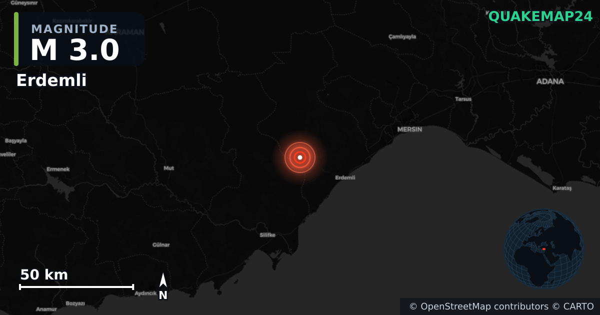 M3.0 earthquake near Erdemli on Jan 23, 2026 — map of epicenter and shaking intensity | QuakeMap24