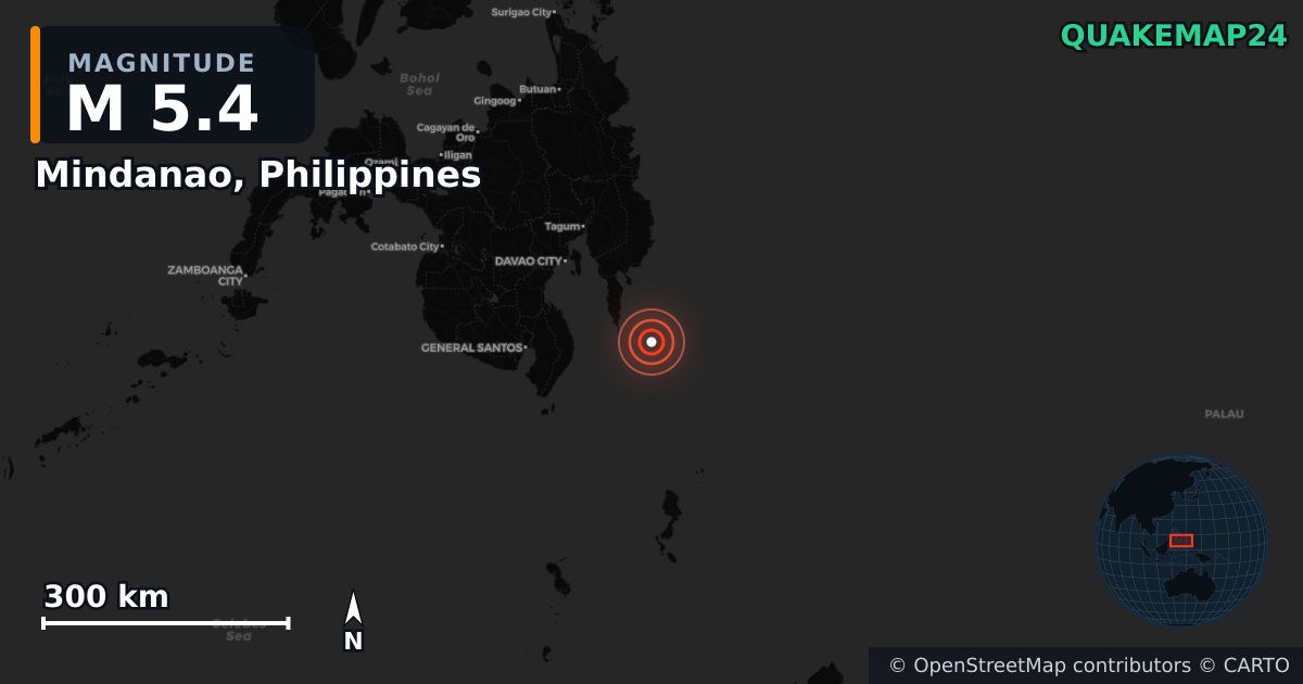 M5.4 Earthquake near Mindanao, Philippines · 2026-06-18 — Map showing the location of the epicenter