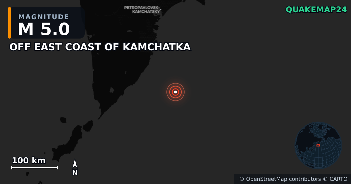 M5.0 earthquake near OFF EAST COAST OF KAMCHATKA on Jul 30, 2025 — map of epicenter and shaking intensity | QuakeMap24