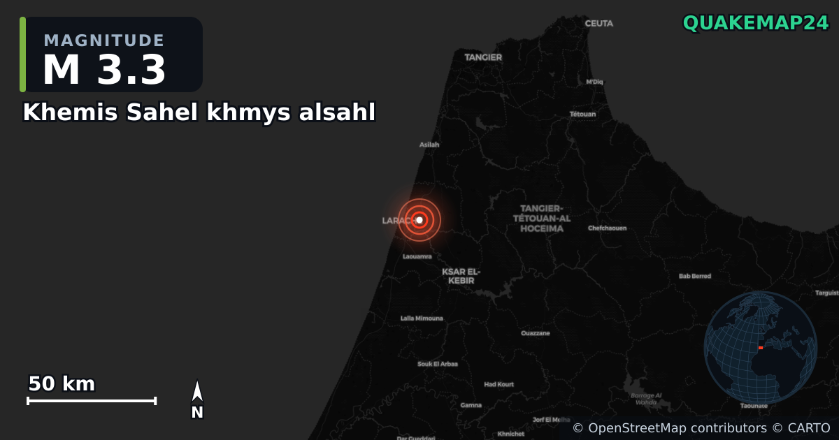 M3.3 earthquake near Khemis Sahel khmys alsahl on May 20, 2025 — map of epicenter and shaking intensity | QuakeMap24