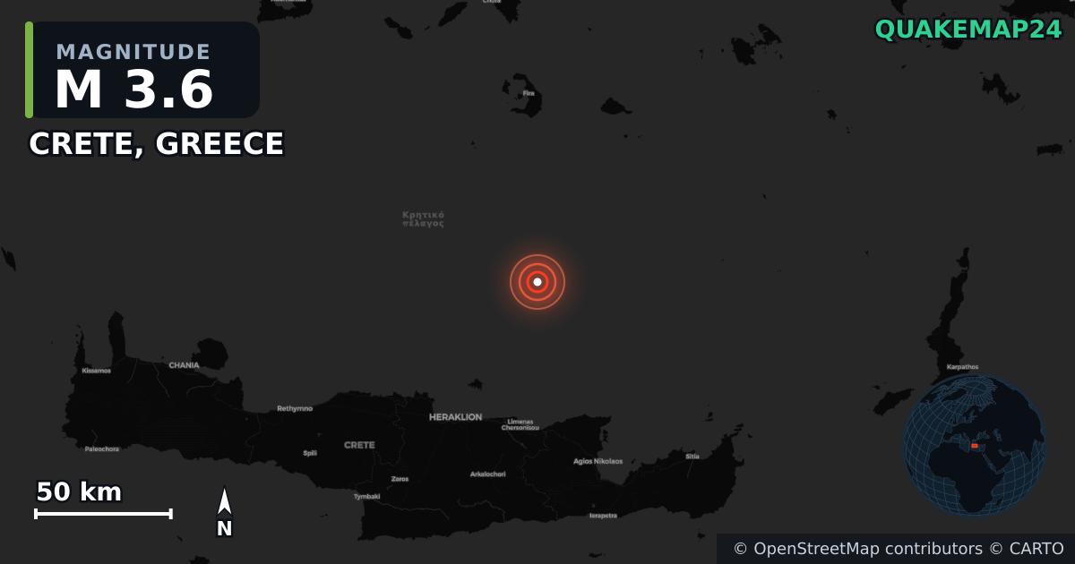M3.6 earthquake near CRETE, GREECE on Dec 21, 2025 — map of epicenter and shaking intensity | QuakeMap24