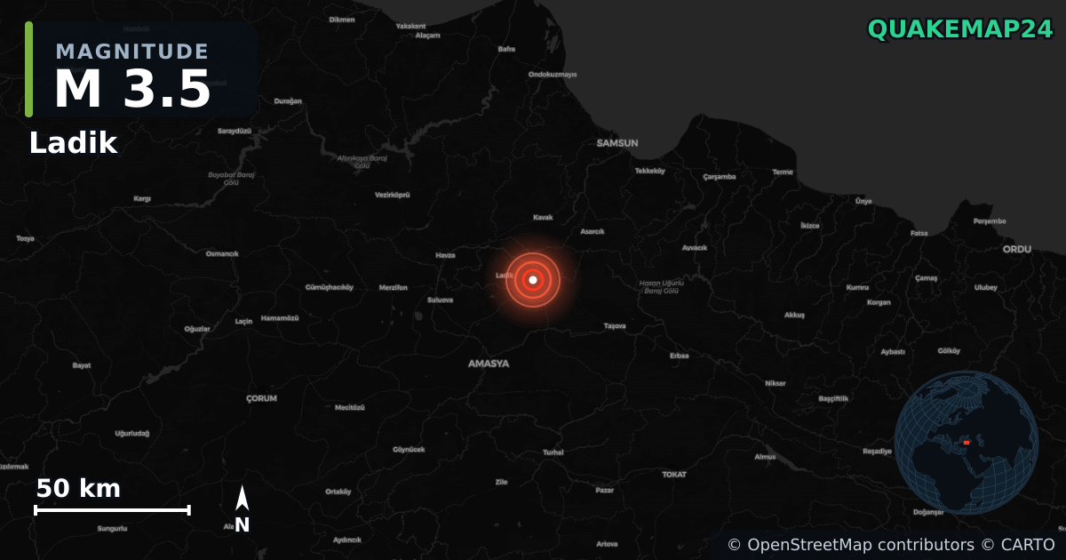 M3.5 earthquake near Ladik on Jun 21, 2025 — map of epicenter and shaking intensity | QuakeMap24