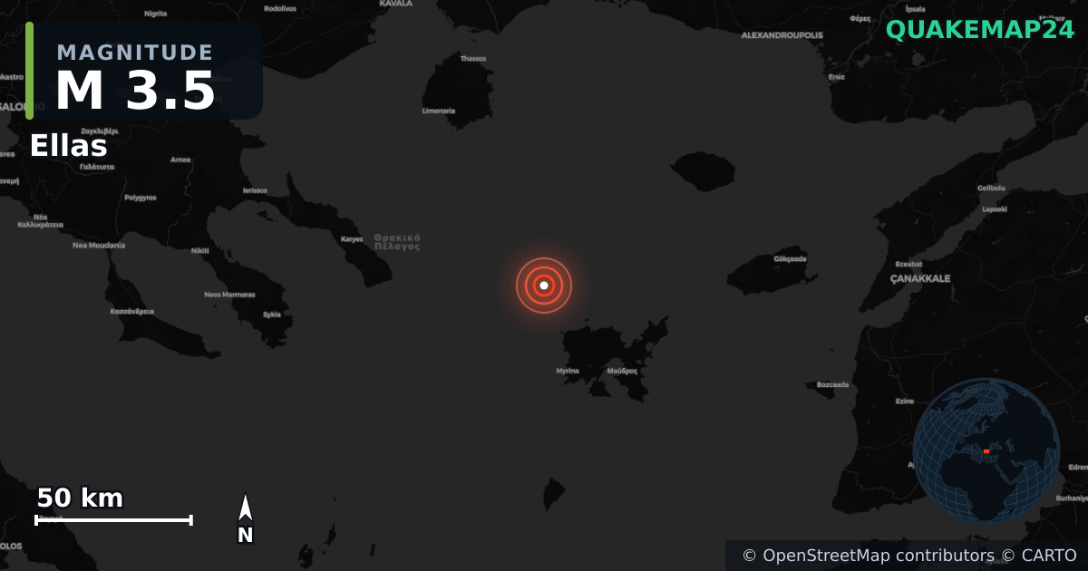 M3.5 earthquake near Ellas on May 25, 2026 — map of epicenter and shaking intensity | QuakeMap24