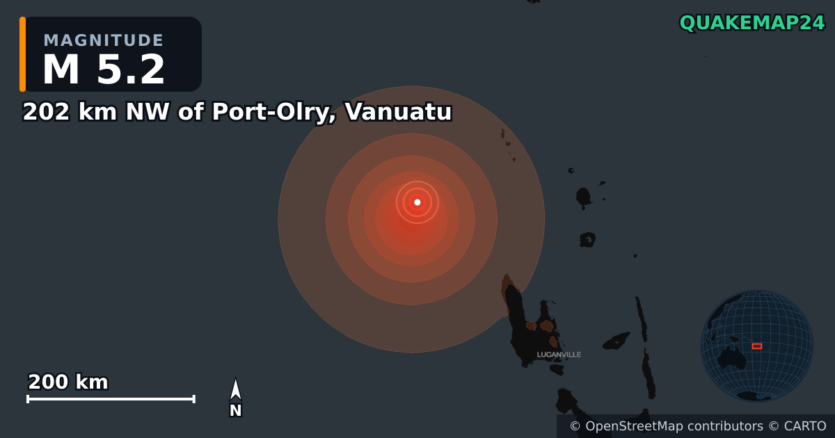 Sismo de M5,2 perto de 202 km NW of Port-Olry, Vanuatu · 2026-10-24 — Mapa da localização do epicentro