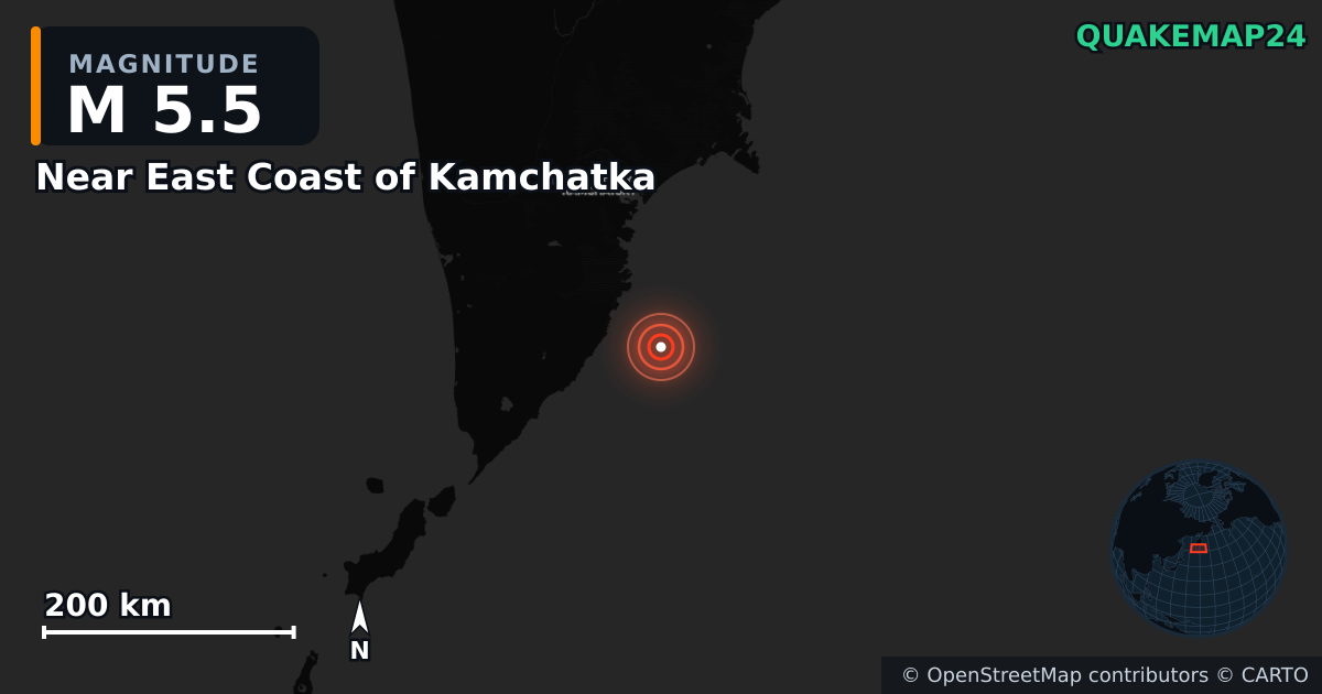 M5.5 earthquake near Near East Coast of Kamchatka on Jul 30, 2025 — map of epicenter and shaking intensity | QuakeMap24