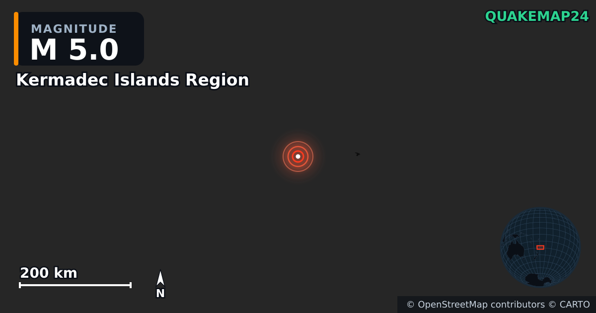 M5.0 earthquake near Kermadec Islands Region on Mar 21, 2026 — map of epicenter and shaking intensity | QuakeMap24
