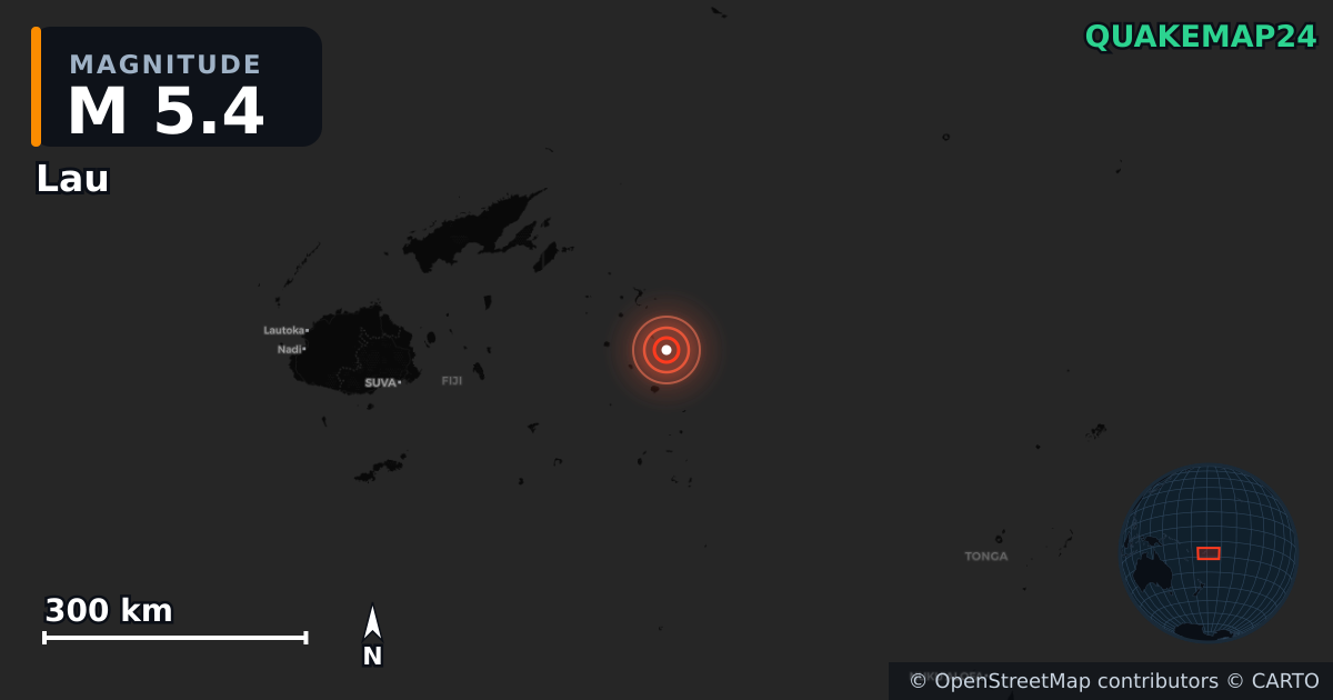 M5.4 earthquake near Lau on Aug 19, 2026 — map of epicenter and shaking intensity | QuakeMap24