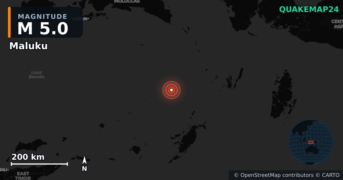 M5.0 earthquake near Maluku on Sep 22, 2025 — map of epicenter and shaking intensity | QuakeMap24
