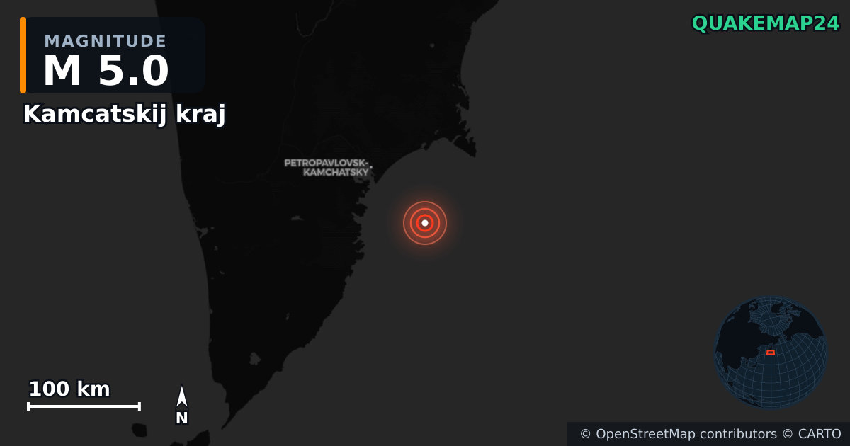 M5.0 earthquake near Kamcatskij kraj on Sep 22, 2025 — map of epicenter and shaking intensity | QuakeMap24