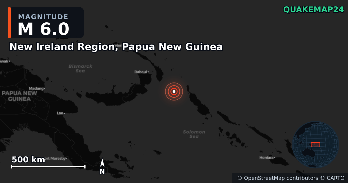 M6.0 earthquake near New Ireland Region, Papua New Guinea on Sep 16, 2025 — map of epicenter and shaking intensity | QuakeMap24