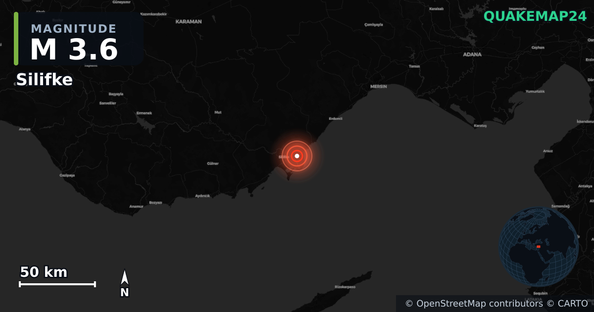 M3.6 earthquake near Silifke on Oct 27, 2025 — map of epicenter and shaking intensity | QuakeMap24