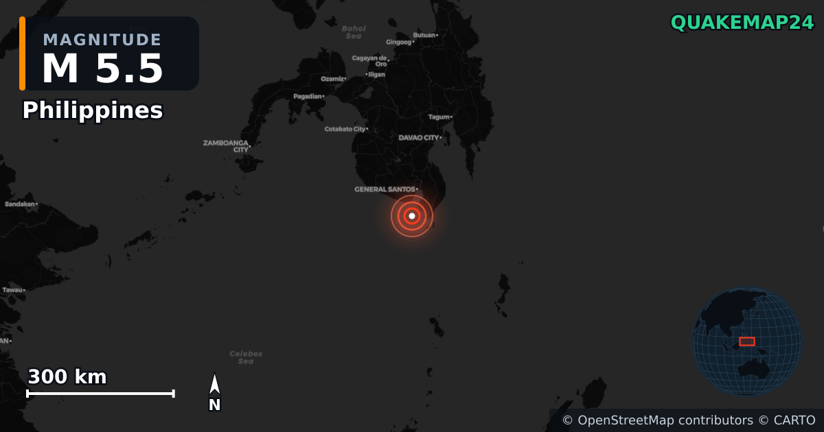 M5.5 earthquake near Philippines on Jun 15, 2026 — map of epicenter and shaking intensity | QuakeMap24