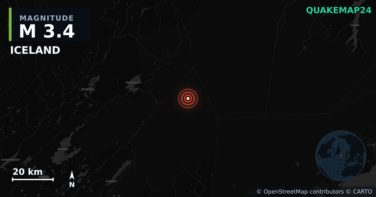M3.4 earthquake near ICELAND on Sep 18, 2025 — map of epicenter and shaking intensity | QuakeMap24