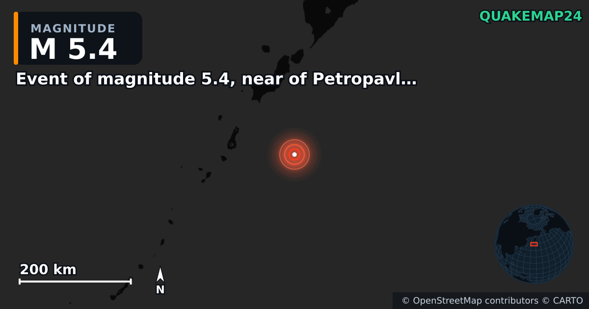 M5.4 earthquake near Event of magnitude 5.4, near of Petropavlovsk Kamchatskiy (Monde) on Jan 13, 2026 — map of epicenter and shaking intensity | QuakeMap24