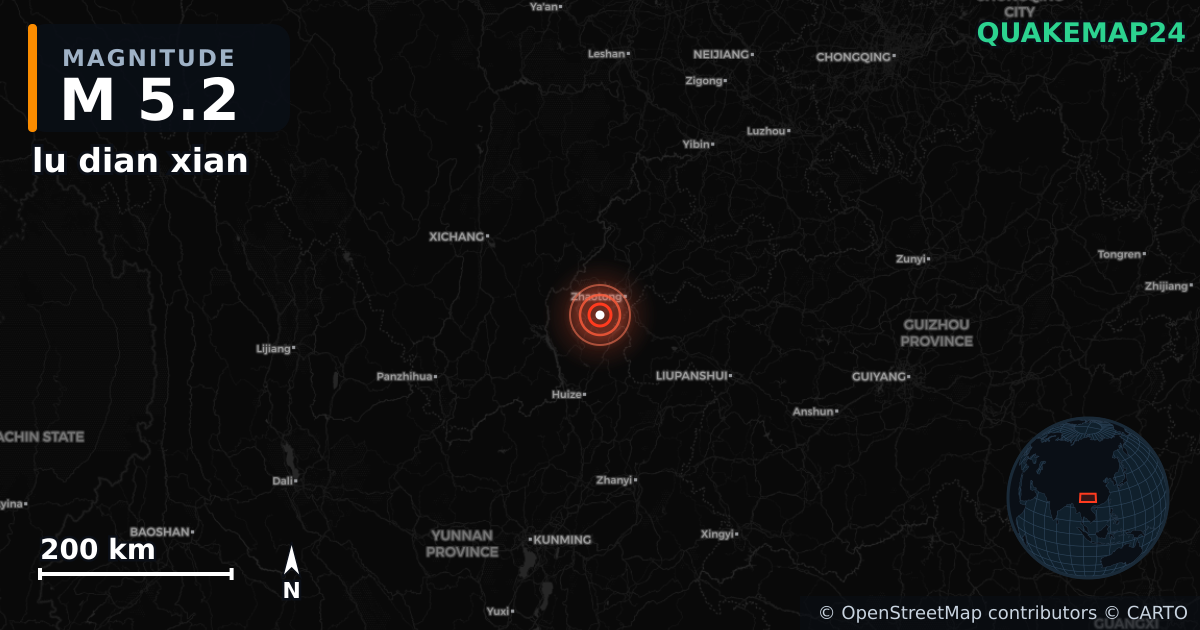 M5.2 earthquake near lu dian xian on Jan 19, 2026 — map of epicenter and shaking intensity | QuakeMap24
