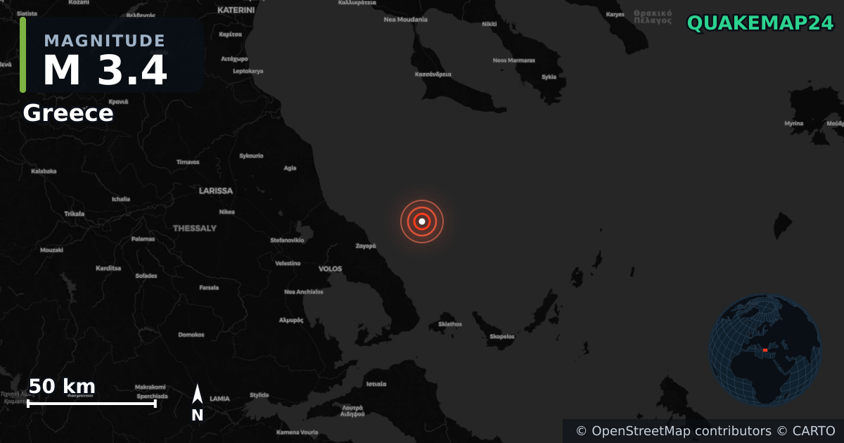 M3.4 earthquake near Greece on Apr 28, 2026 — map of epicenter and shaking intensity | QuakeMap24