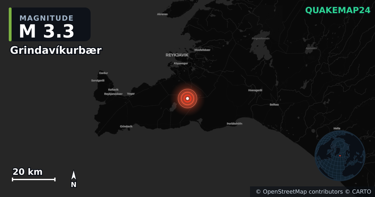 Grindavíkurbær (İzlanda) yakınında M3,3 deprem · 2026-10-04 — Deprem merkez üssünün konumunu gösteren harita